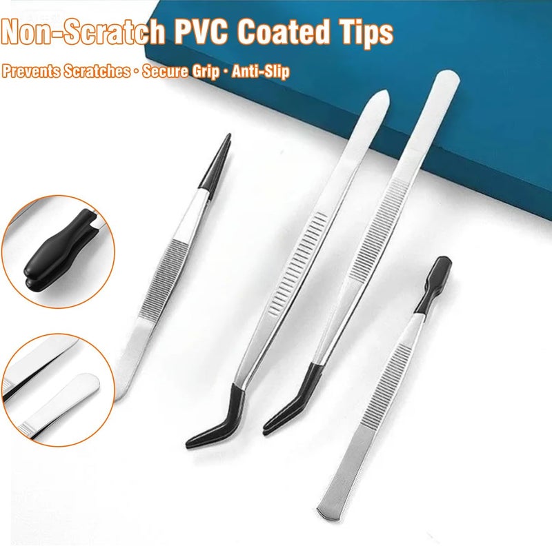 Allwin 4 Pcs Rubber Tip Tweezers Set, Non-Scratch PVC Coated Tips - Fine Point, Flat & Bent Head Tweezers for Crafts, Jewelry Making, Electronics, Eyelash Extensions - Image 4